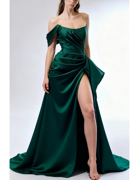 Elegant Off Shoulder Forest Green Evening Gown Featuring Ruched Detail And High Slit