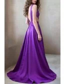 Plain A Line Royal Purple Satin Prom Dress With Plunge Neckline And V Back