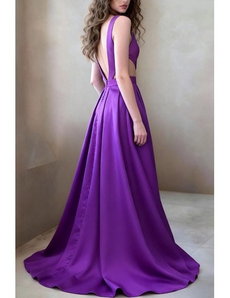 Plain A Line Royal Purple Satin Prom Dress With Plunge Neckline And V Back