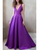 Plain A Line Royal Purple Satin Prom Dress With Plunge Neckline And V Back