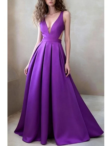 Plain A Line Royal Purple Satin Prom Dress With Plunge Neckline And V Back