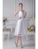 Simple Spaghetti Straps Short Tulle Beaded Bridal Dress with Deep V Neck