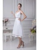 Simple Spaghetti Straps Short Tulle Beaded Bridal Dress with Deep V Neck