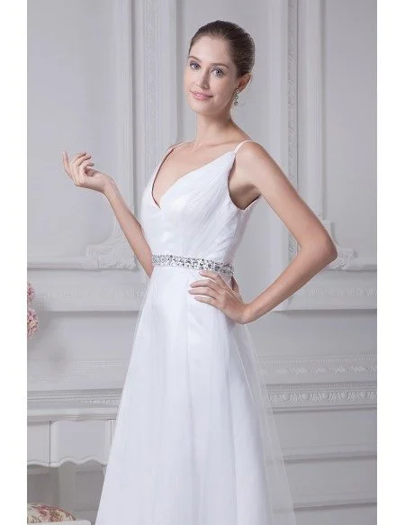 Simple Spaghetti Straps Short Tulle Beaded Bridal Dress with Deep V Neck