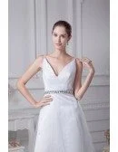 Simple Spaghetti Straps Short Tulle Beaded Bridal Dress with Deep V Neck
