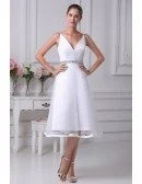 Simple Spaghetti Straps Short Tulle Beaded Bridal Dress with Deep V Neck