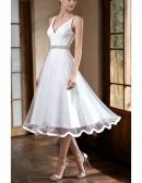 Simple Spaghetti Straps Short Tulle Beaded Bridal Dress with Deep V Neck
