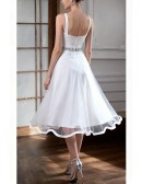 Simple Spaghetti Straps Short Tulle Beaded Bridal Dress with Deep V Neck