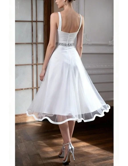 Simple Spaghetti Straps Short Tulle Beaded Bridal Dress with Deep V Neck
