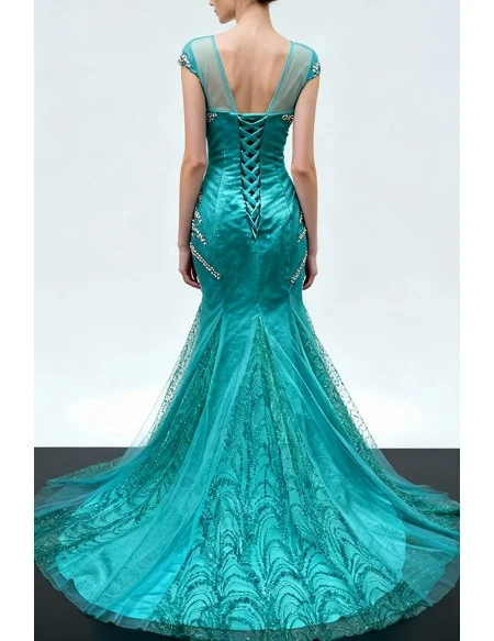 Elegant Teal Mermaid Long Tulle Prom Dress with Crystal Embellishments and Sheer Cap Sleeves