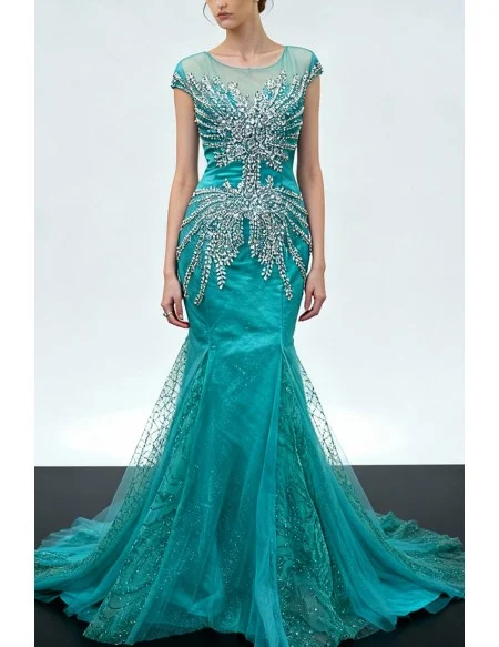 Elegant Teal Mermaid Long Tulle Prom Dress with Crystal Embellishments and Sheer Cap Sleeves