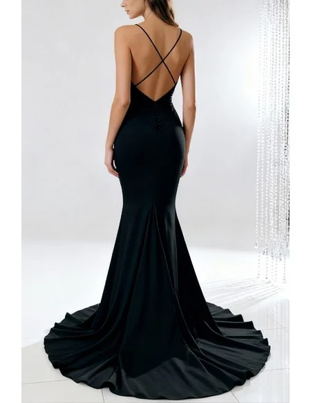 Simple Black Long Sexy V neck Mermaid Formal Party Dress with Spaghetti Straps and Train