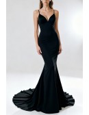 Simple Black Long Sexy V neck Mermaid Formal Party Dress with Spaghetti Straps and Train