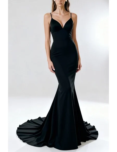 Simple Black Long Sexy V neck Mermaid Formal Party Dress with Spaghetti Straps and Train