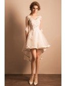 Beautiful A-line V-neck High Low Tulle Wedding Dress With Appliques Lace