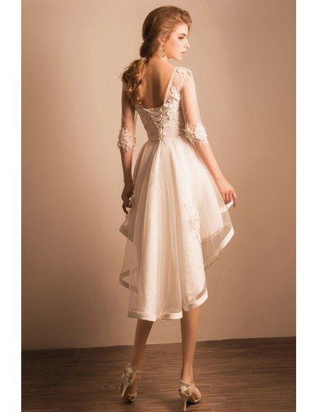 Beautiful A-line V-neck High Low Tulle Wedding Dress With Appliques Lace