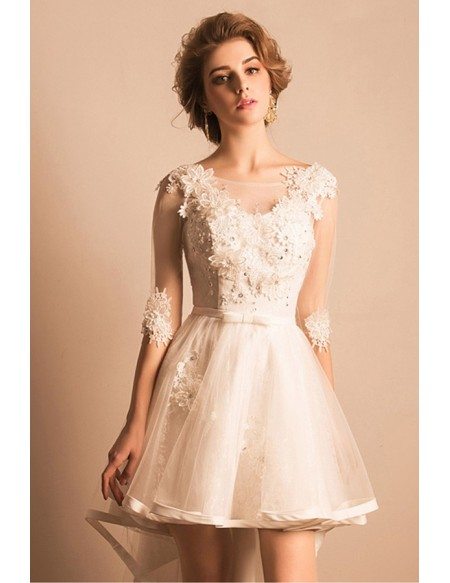 Beautiful A-line V-neck High Low Tulle Wedding Dress With Appliques Lace