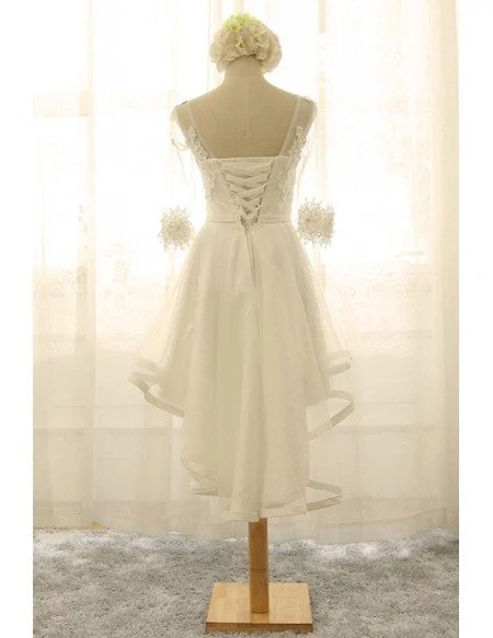Beautiful A-line V-neck High Low Tulle Wedding Dress With Appliques Lace