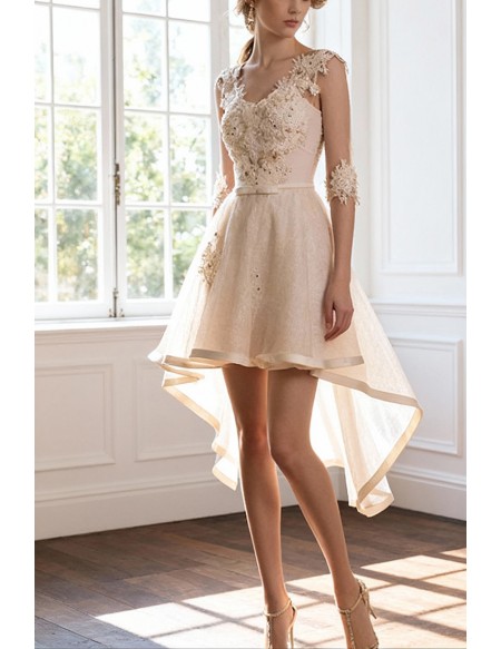 Beautiful A-line V-neck High Low Tulle Wedding Dress With Appliques Lace