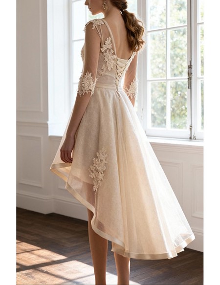 Beautiful A-line V-neck High Low Tulle Wedding Dress With Appliques Lace