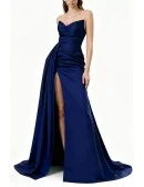 Elegant Dark Blue Long Satin Prom Dress with Draping Top and Sexy High Slit