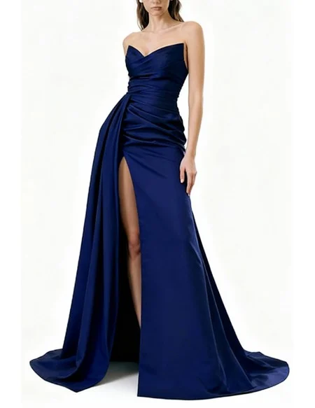 Elegant Dark Blue Long Satin Prom Dress with Draping Top and Sexy High Slit