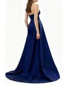 Elegant Dark Blue Long Satin Prom Dress with Draping Top and Sexy High Slit