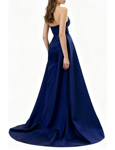 Elegant Dark Blue Long Satin Prom Dress with Draping Top and Sexy High Slit