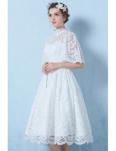 Special Lace High Neck Full Lace Wedding Dress Knee Length with Sleeves