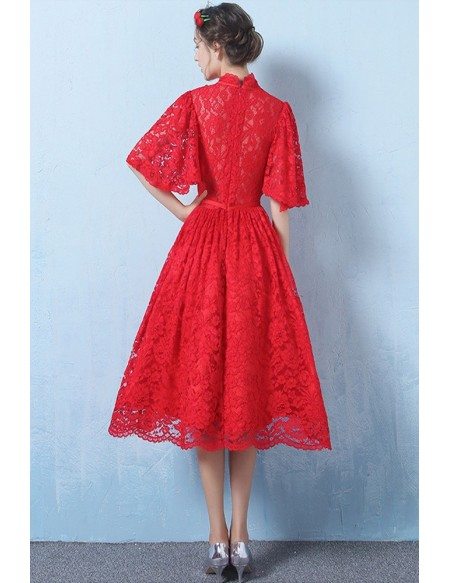 Special Lace High Neck Full Lace Wedding Dress Knee Length with Sleeves