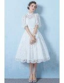 Special Lace High Neck Full Lace Wedding Dress Knee Length with Sleeves