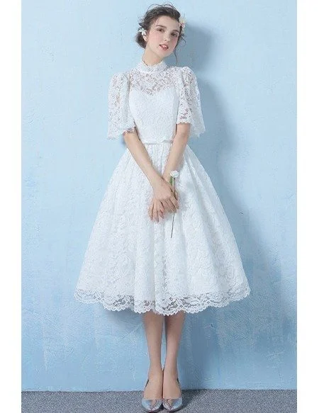 Special Lace High Neck Full Lace Wedding Dress Knee Length with Sleeves