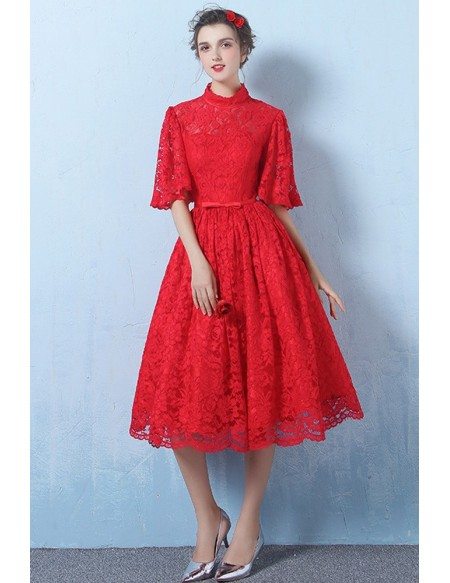 Special Lace High Neck Full Lace Wedding Dress Knee Length with Sleeves