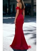 Sexy Slim Red Satin Floor Length Party Dress With Off Shoulder And High Slit Ruched Skirt
