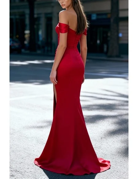 Sexy Slim Red Satin Floor Length Party Dress With Off Shoulder And High Slit Ruched Skirt