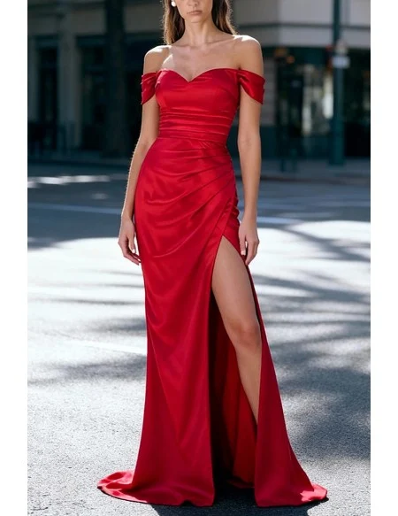 Sexy Slim Red Satin Floor Length Party Dress With Off Shoulder And High Slit Ruched Skirt