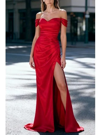 Sexy Slim Red Satin Floor Length Party Dress With Off Shoulder And High Slit Ruched Skirt