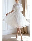 Special Lace High Neck Full Lace Wedding Dress Knee Length with Sleeves