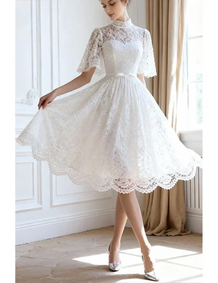 Special Lace High Neck Full Lace Wedding Dress Knee Length with Sleeves