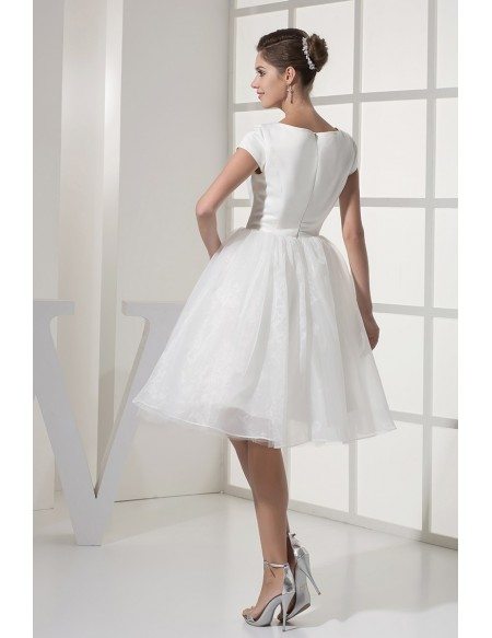 Simple Modest Ballroom Short Sleeved White Wedding Gown in Satin and Organza