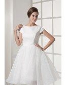 Simple Modest Ballroom Short Sleeved White Wedding Gown in Satin and Organza