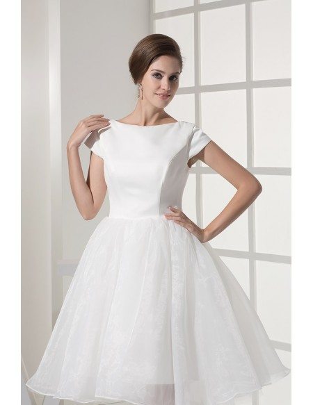 Simple Modest Ballroom Short Sleeved White Wedding Gown in Satin and Organza