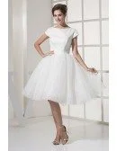 Simple Modest Ballroom Short Sleeved White Wedding Gown in Satin and Organza