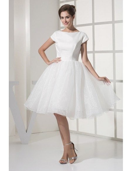 Simple Modest Ballroom Short Sleeved White Wedding Gown in Satin and Organza