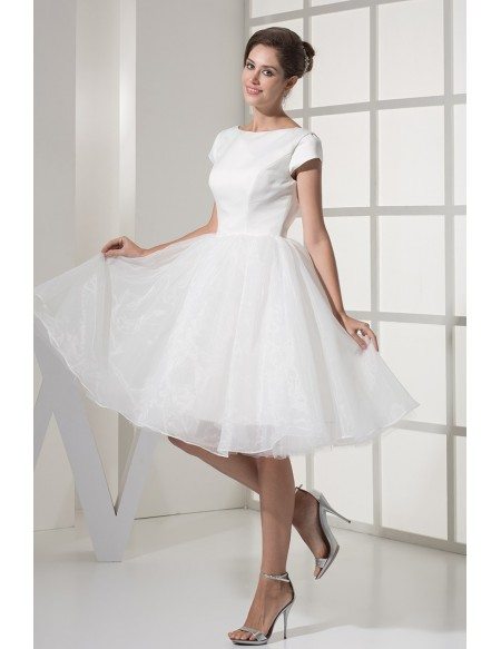 Simple Modest Ballroom Short Sleeved White Wedding Gown in Satin and Organza