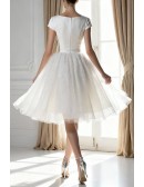 Simple Modest Ballroom Short Sleeved White Wedding Gown in Satin and Organza