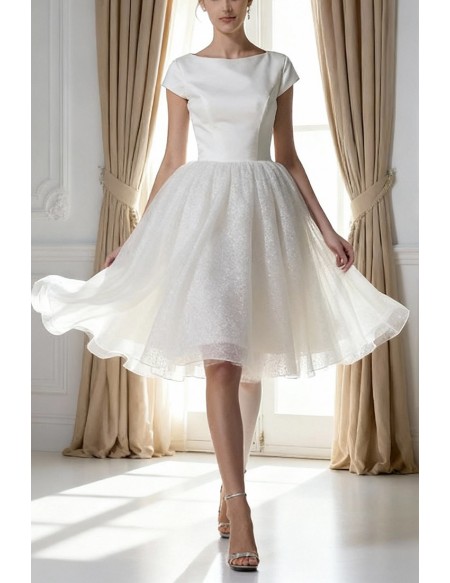 Simple Modest Ballroom Short Sleeved White Wedding Gown in Satin and Organza