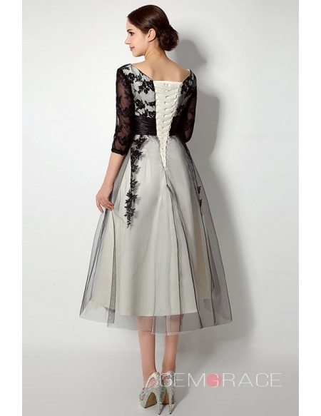 Short Scoop Long-sleaves Tea-length Dresses With Lace