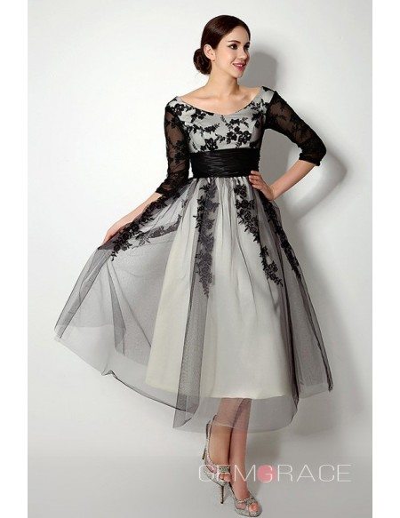Short Scoop Long-sleaves Tea-length Dresses With Lace