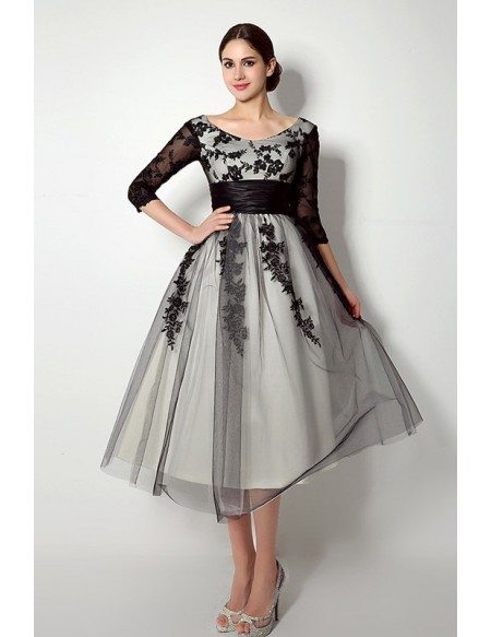 Short Scoop Long-sleaves Tea-length Dresses With Lace